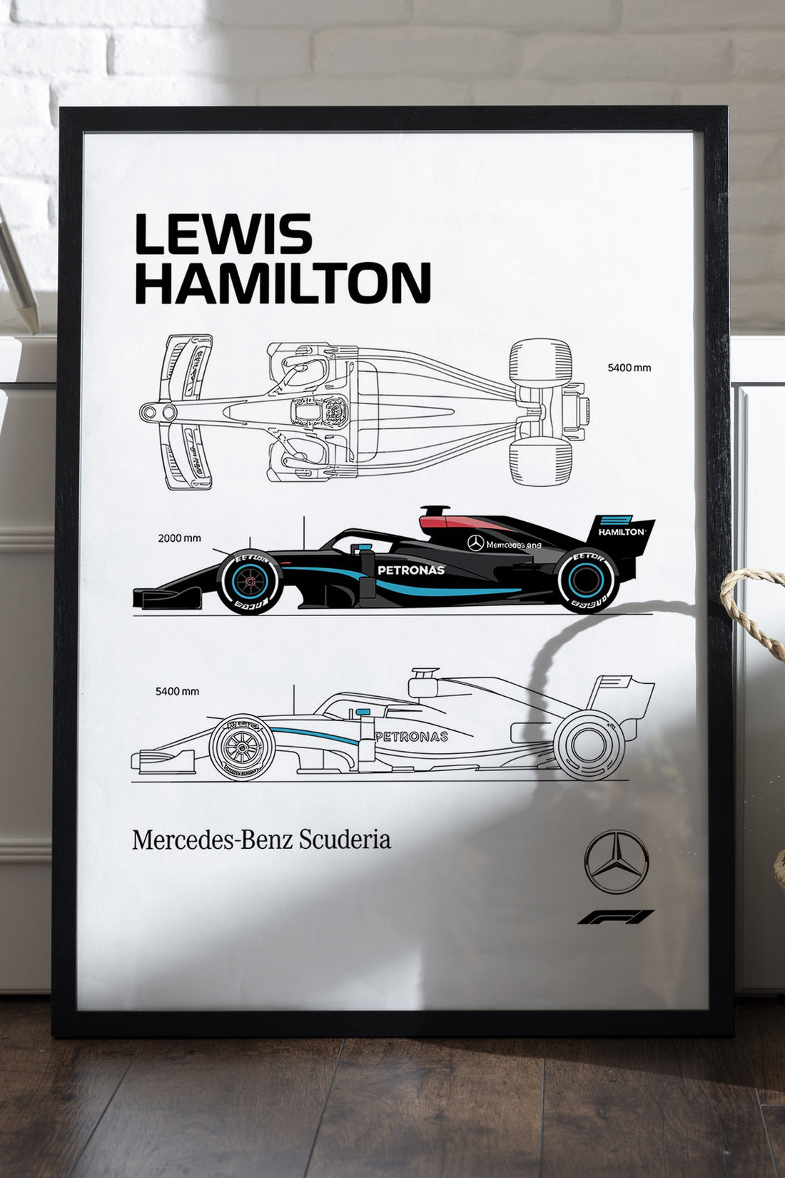 Lewis Hamilton F1 aracı teknik çizim beyaz poster çerçeveli tablo