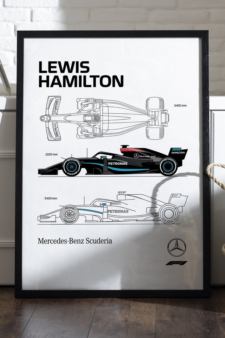 Lewis Hamilton F1 aracı teknik çizim beyaz poster çerçeveli tablo