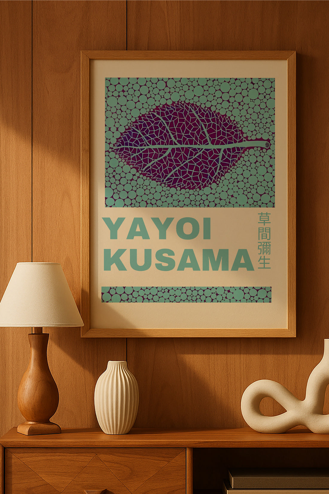 Yayoi Kusama mor yaprak turkuaz noktalı zemin sergi posteri – 2. görsel