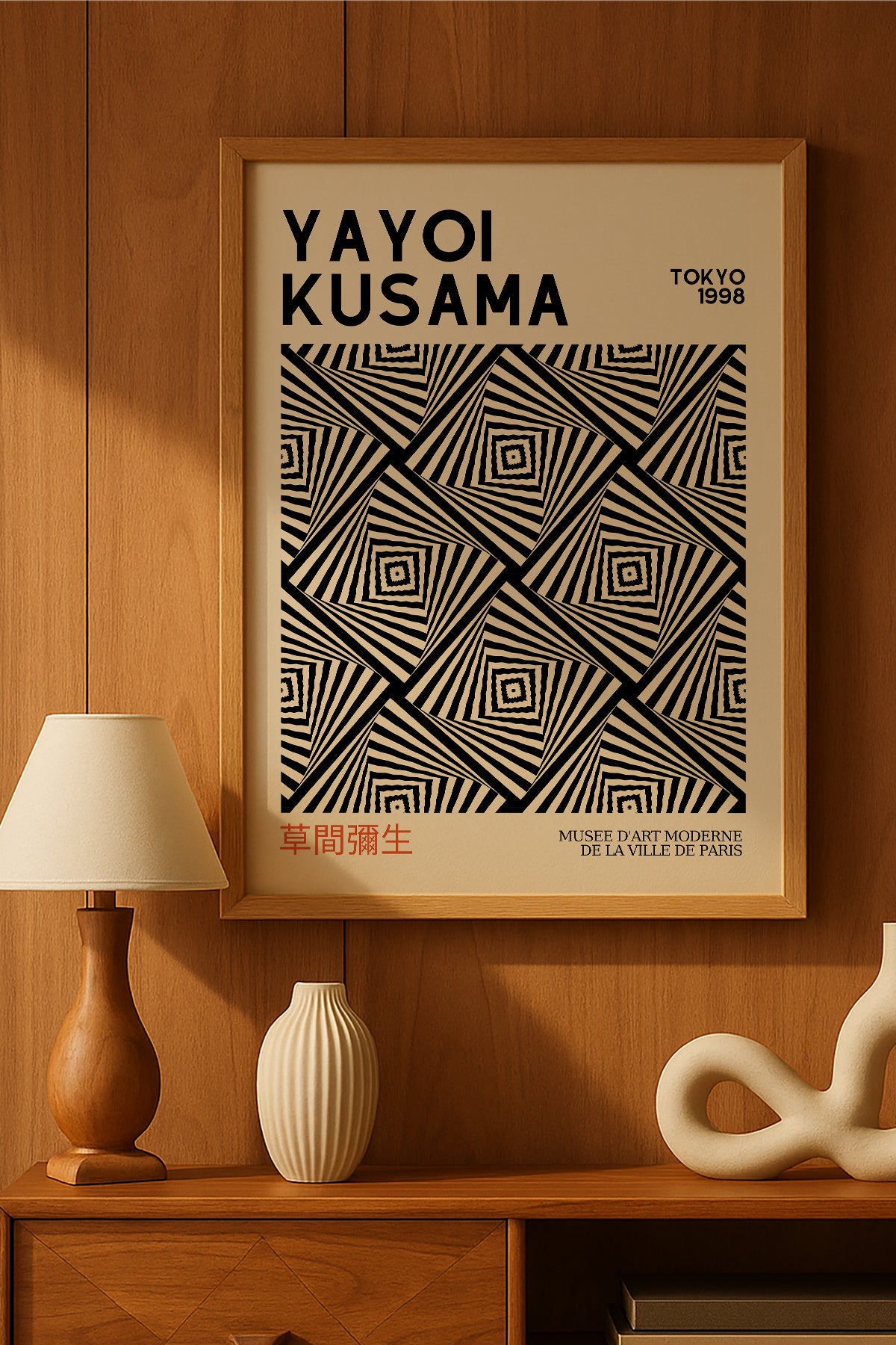 Yayoi Kusama siyah beyaz çapraz çizgi desenli sergi posteri – 2. görsel