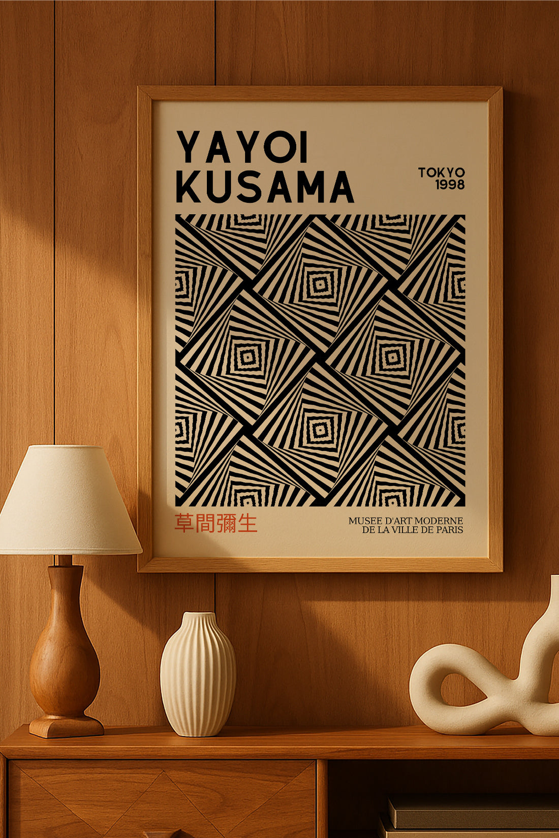 Yayoi Kusama siyah beyaz çapraz çizgi desenli sergi posteri – 2. görsel