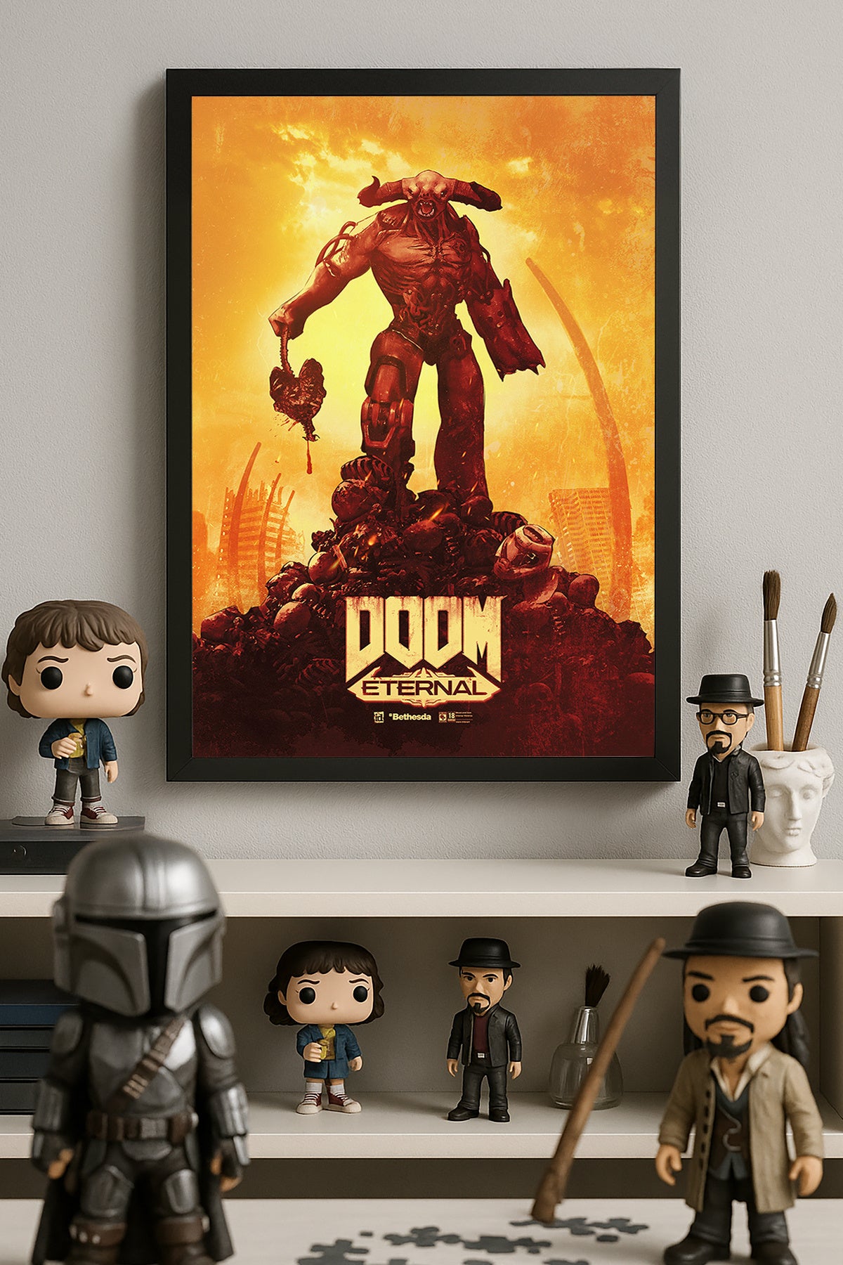 Doom Eternal sarı turuncu zeminde zırhlı savaşçı oyun posteri – 2. görsel