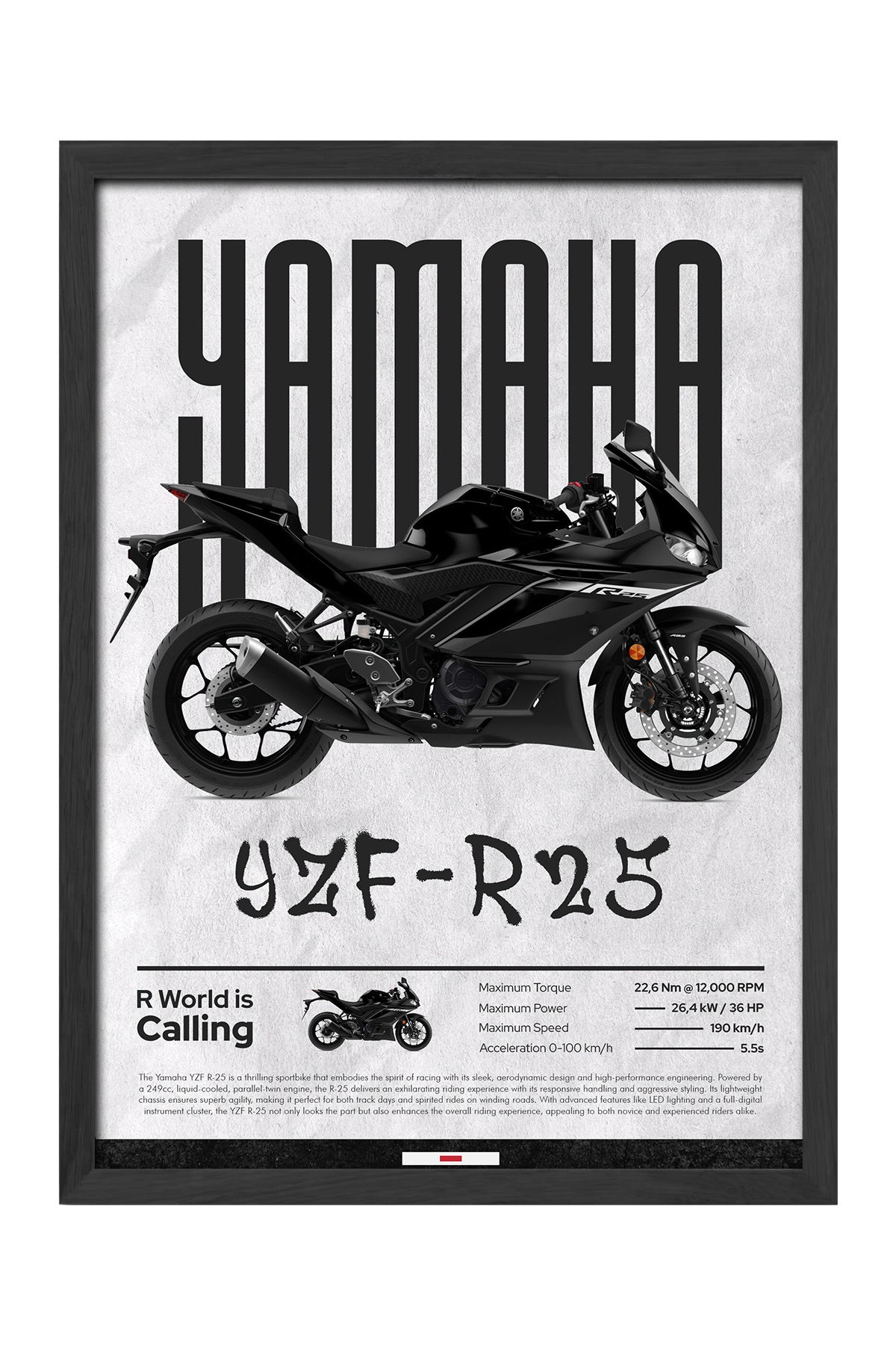 Yamaha YZF-R25 mat siyah sport motosiklet posteri – 3. görsel