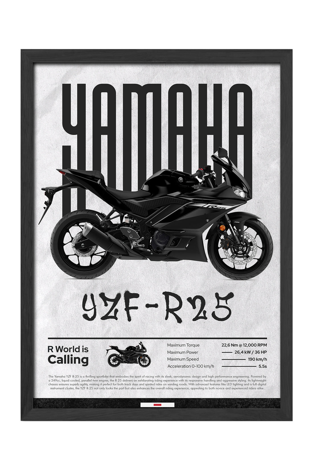 Yamaha YZF-R25 mat siyah sport motosiklet posteri – 3. görsel