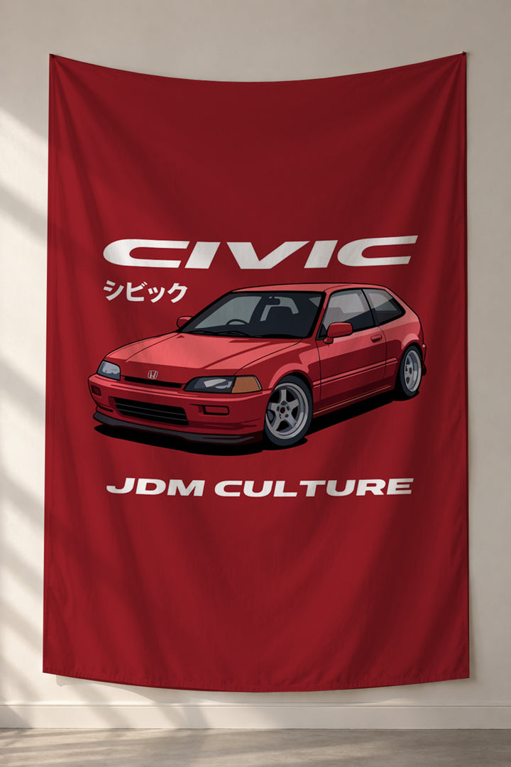 Kırmızı zeminde Honda Civic JDM Culture baskılı kumaş duvar örtüsü