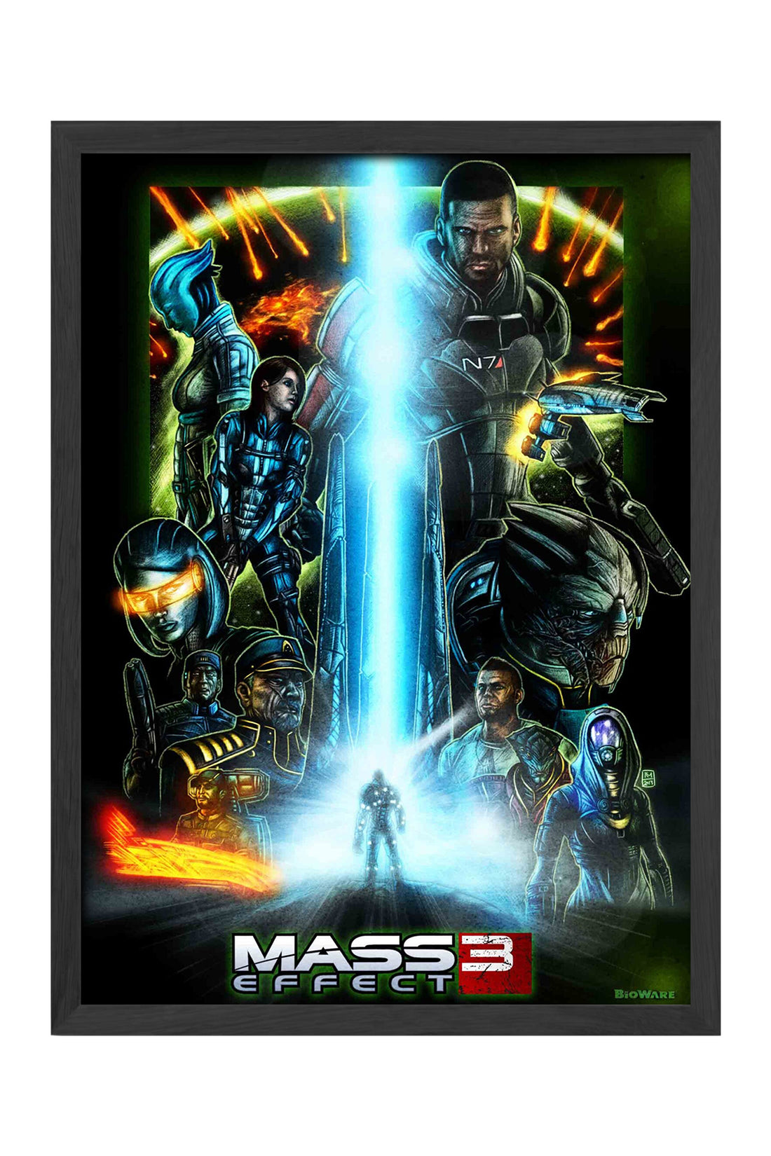 Mass Effect 3 mavi ışın ve karakterler oyun posteri çerçeveli tablo – 4. görsel