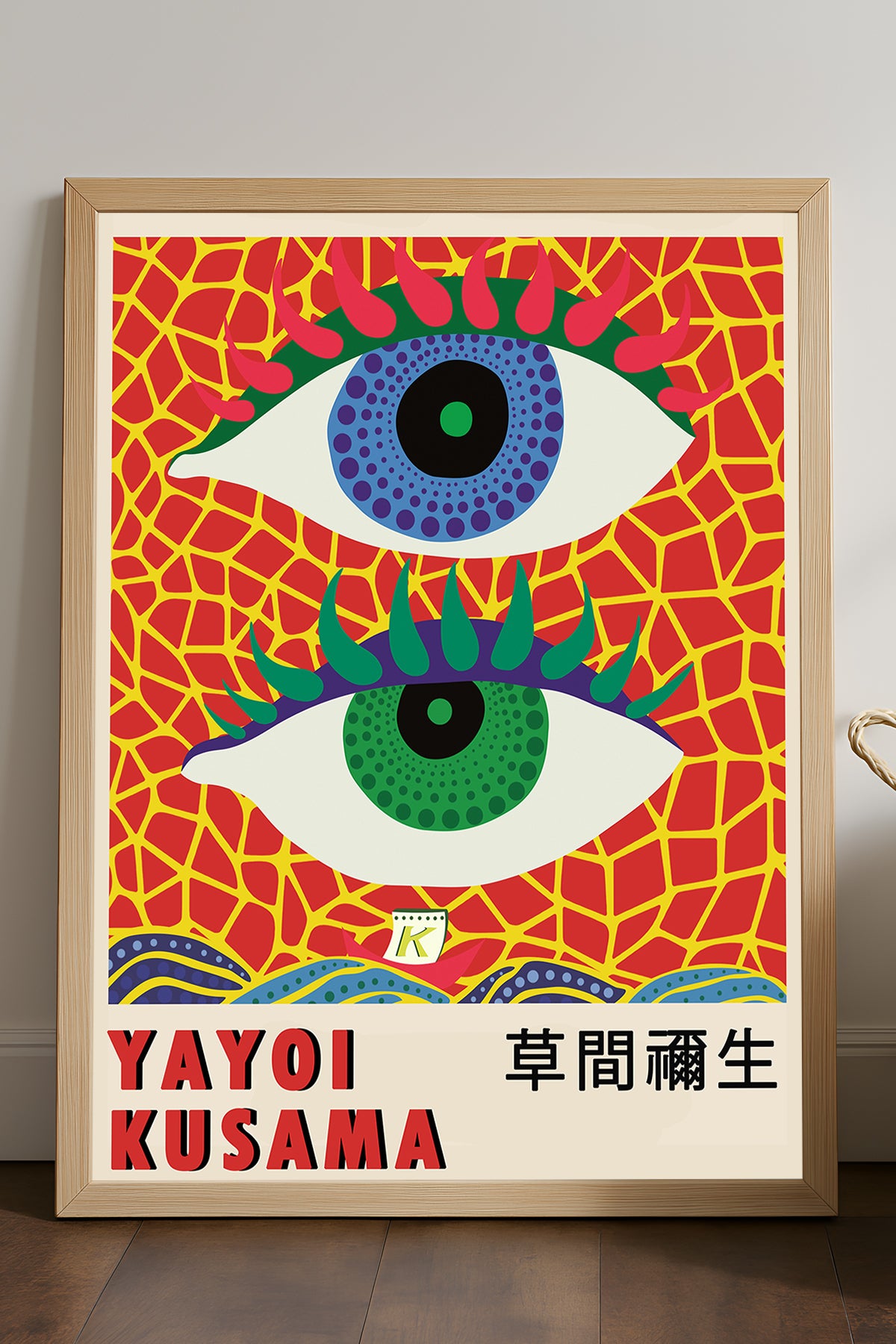 Yayoi Kusama kırmızı ağ desenli mavi yeşil gözler sergi posteri