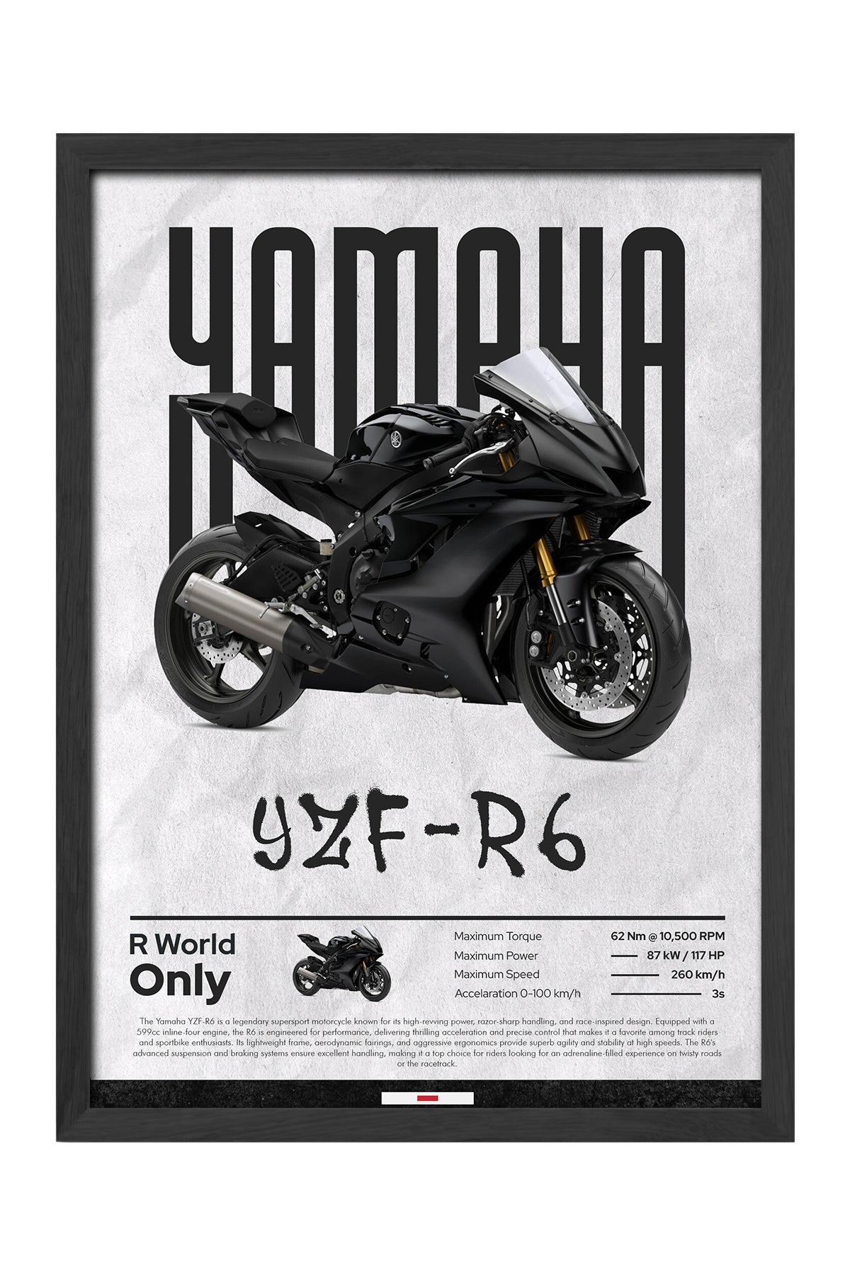 Yamaha YZF-R6 siyah süper sport motosiklet posteri – 3. görsel